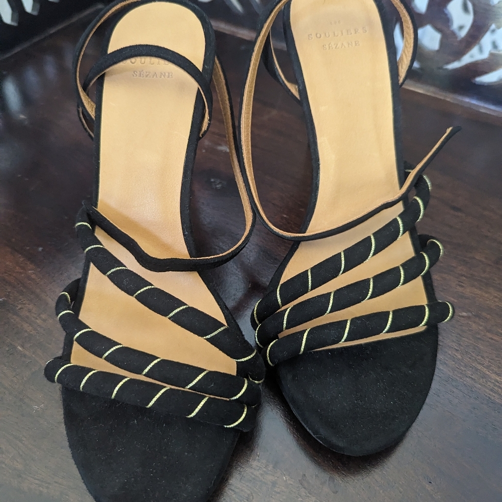 Sezane High Lison Strappy Sandal Heels--Black and Gold--US size 9